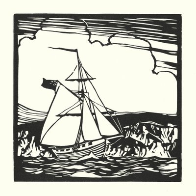 漁船とはしけレベニューカッター（木版画） 作： Cyril A. Wilkinson