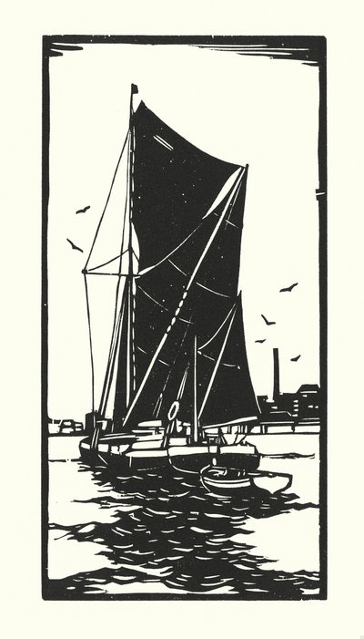 漁船とはしけテムズ・バージ（木版画） 作： Cyril A. Wilkinson