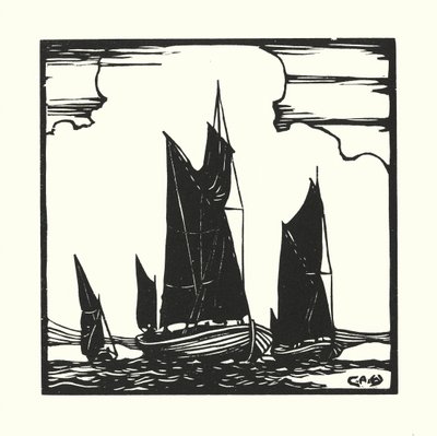 漁船とはしけテムズ・ハッチ・ボート（木版画） 作： Cyril A. Wilkinson
