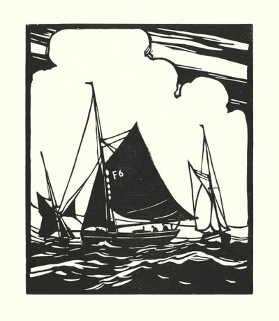 漁船とはしけウィツタブルの牡蠣船（木版画） 作： Cyril A. Wilkinson
