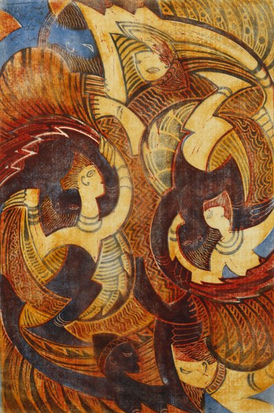 ファイアダンス、c。 1931年（薄い日本にカラーで印刷されたリノカット） 作： Cyril Edward Power