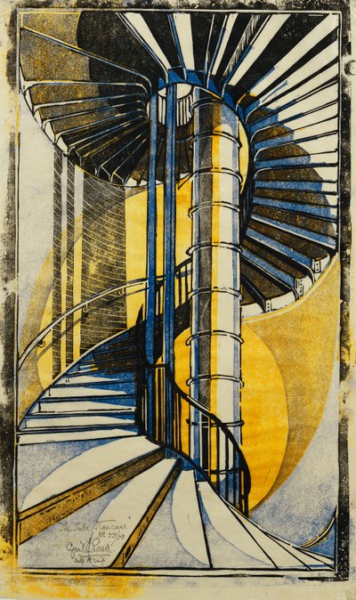 チューブ階段、1930年頃（日本紙にカラーで印刷されたリノカット） 作： Cyril Edward Power