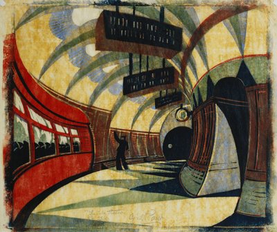 チューブステーション、1932年頃（ティッシュジャパンにカラーで印刷されたリノカット） 作： Cyril Edward Power