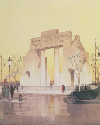 エドウィン・ランドシア・ルーティンス（1869-1944）が建てたマーカンタイル海洋記念碑（紙に水彩画） 作： Cyril Farey