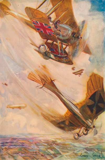 ドイツのタウベを倒すイギリスの複葉機、c1916 1928 作： Cyrus Cuneo