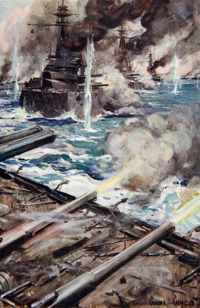 「ブロードサイドを発射する戦艦の艦隊」、「小屋で語られる：YMCAギフトブック」のイラスト、1916年発行 作： Cyrus Cuneo