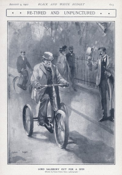三輪車に乗るイギリス保守党の政治家・首相のソールズベリー卿（リトグラフ 作： Cyrus Cuneo