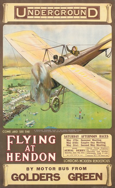 「フライングアットヘンドン」、広告ポスター、1914 作： Cyrus Cuneo