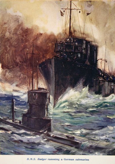 「ドイツの潜水艦に衝突するHMSバジャー」、「小屋で語られた：YMCAギフトブック」のイラスト、1916年発行 作： Cyrus Cuneo
