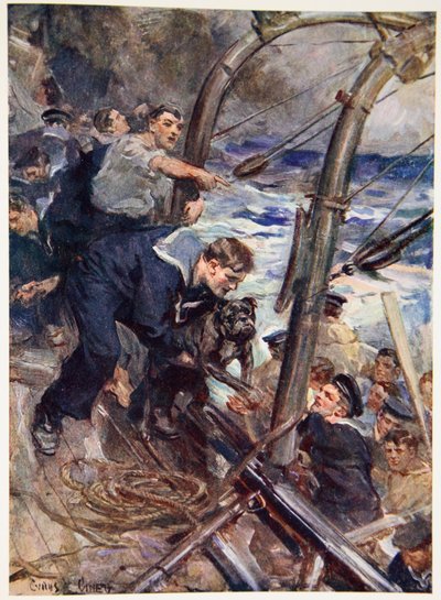 沈みゆく戦艦からブルドッグのノラが救われるまで（カラーリトグラフ 作： Cyrus Cuneo