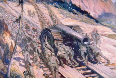 山の上に大砲を運ぶイタリア人（カラーリトグラフ 作： Cyrus Cuneo