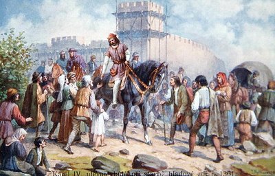 1361年にプラハの要塞を拡張した際、一般人に挨拶するシャルル4世 20世紀初頭のポストカード（カラーリトグラフ） 作： Czech School