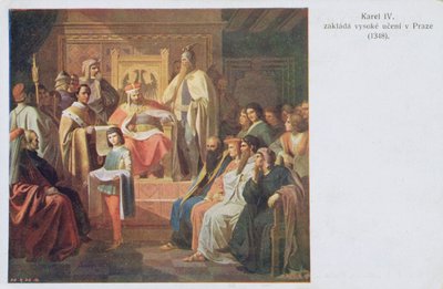 1348年のチャールズ4世によるプラハのドイツ大学の創設、20世紀初頭のはがき 作： Czech School