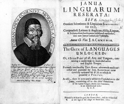 Janua Linguarum Reserataの口絵とタイトルページ。1650年にジョージグローバーによって彫刻されたJan Amos Komenskyの肖像画 作： Czech School