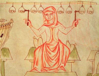 Mx XXIII C.124ベルを演奏するミュージシャン、ヴェリスラフ聖書、1340年頃 作： Czech School