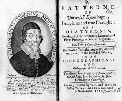 1651年にジョージグローバーによって彫刻されたJan Amos Komenskyの肖像画を含む、普遍的な知識のパターンへのタイトルページと口絵 作： Czech School