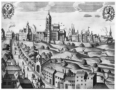 皇居と神学大学を示すプラハの眺め、1618年頃 作： Czech School