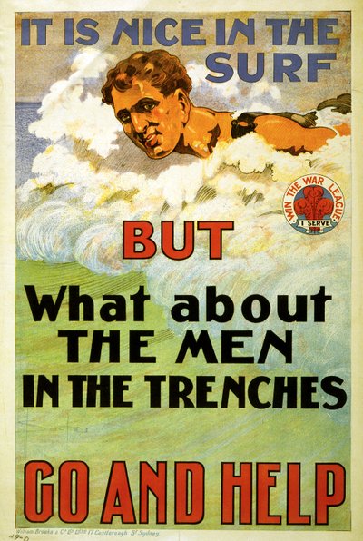 サーフィンにはいいですが、トレンチの男性はどうですか。行って助けて。 1917（リトグラフ） 作： D. H. Souter