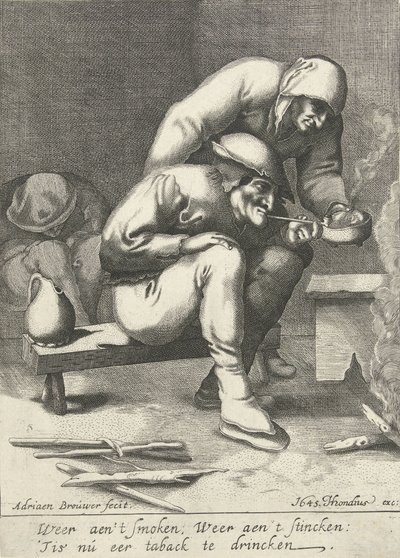 タバコを吸う男性、後ろに女性 作： D. van den Bremden