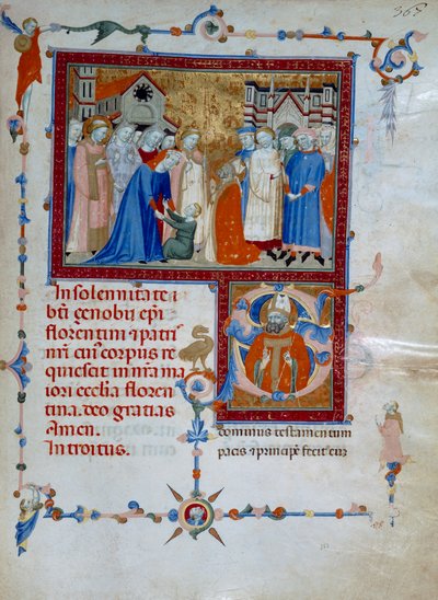 San Zanobiが少年を死から蘇らせる（Codice Edili 107, c. 367）、ローマのミサールのために 作： Daddesco Maestro