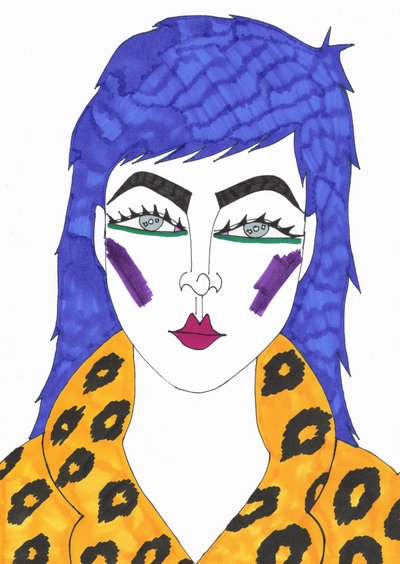 青い髪、2018年（紙にフェルトペン） 作： デイジー・ド・ヴィルヌーヴ