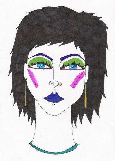 青い目の少女青い髪（紙にフェルトペン） 作： デイジー・ド・ヴィルヌーヴ