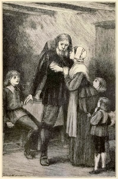 クリスチャンは彼の妻を巡礼者の進歩からこの世界へ、ジョン・バニヤン（1628-1688）によってもたらされるものへとトーマス・ダルジエル（1823-1906）によってイラストを打ち明ける 作： Dalziel Brothers