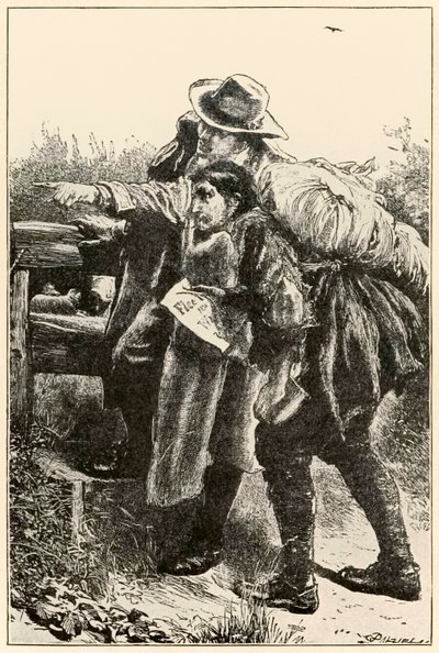 伝道者は、巡礼者の進歩からこの世界への道を、ジョン・バニヤン（1628-1688）によってもたらされるものへと導きます。 作： Dalziel Brothers