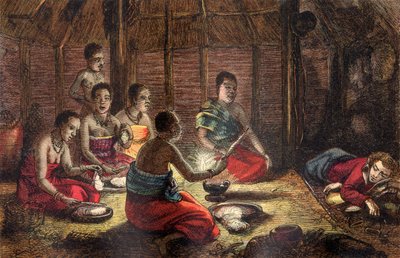マンバラ公園、バンバラ、セゴのネイティブの小屋で休憩、1796年（色の木版画） 作： Dalziel Brothers