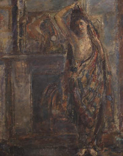マントルピースのそばに立つドレープされた女性（裏面）、1938年（キャンバスに油彩） 作： Dame Ethel Walker