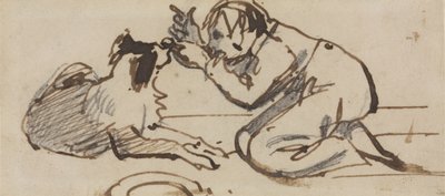 犬と遊ぶ子供（紙に鉛筆、ペン、茶色のインク） 作： Daniel Maclise