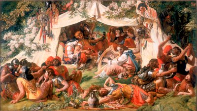 ミンストレルを装ったザクセン王アルフレッド、デーンのガスラムのテント、1852年頃（キャンバスに油彩） 作： Daniel Maclise