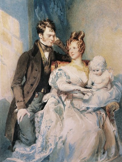 マクレガー夫妻と子供のポートレート（紙に白く強調された鉛筆と水彩） 作： Daniel Maclise