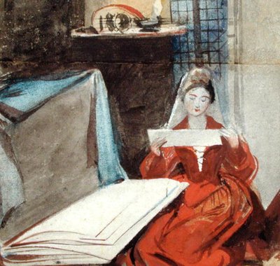 ポートフォリオの内容を勉強している中世の衣装を着た女性（紙に水彩） 作： Daniel Maclise