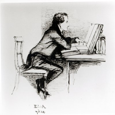 チャールズ ラム (1775-1834) の肖像 (紙にペンとインク) (白黒写真) 作： Daniel Maclise