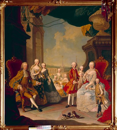 神聖帝国のフランソワ1世（1708-1765）とその妻マリー・テレーズ・アイレ（1717-1780）、そして11人の子供たちがションブルン（またはシェーンブルン）城のテラスにいる。ペイント 作： Daniel (and Studio) (after) Mytens