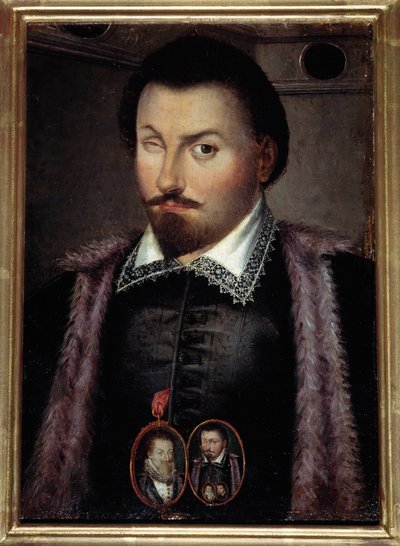 隻眼の男爵ジャン・ダランブレ（1553-1630）の肖像 ヘンリー4世に仕えたフランス軍人です。王を描いたメダルと自分の肖像を描いたメダルを胸につけており、アビメを実現しています。肖像画の作者 作： Daniel (attr. to) Dumonstier
