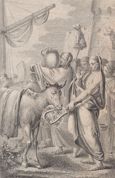 右は船の近くの人物、頭上に動物を持ち上げている人物、左は馬、1783 年 作： Daniel Berger