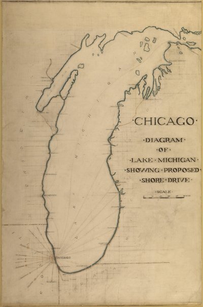 Plan of Chicago 1909: Chicago のプレート 35、およびミシガン湖の図。 提案された道路... 作： Daniel Burnham