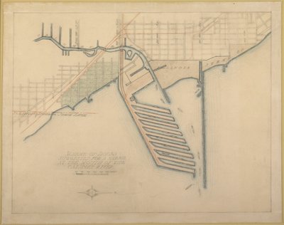 プレート 72、シカゴの計画、1909 年: シカゴ。 口頭で提案されたドックのスケッチ図... 作： Daniel Burnham