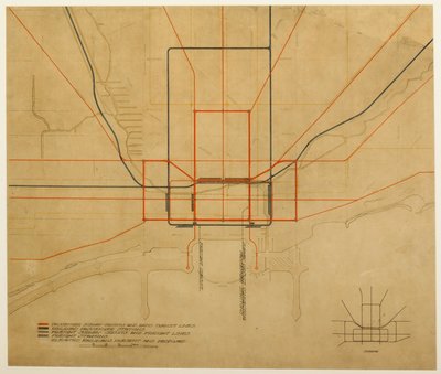 プレート 75、シカゴの計画、1909 年: シカゴ。 完全なシステムを示す都市の図... 作： Daniel Burnham