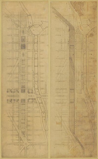 プレート 78 1909 年シカゴの計画からの 2 つの図面: 提案された場所と配置の... 作： Daniel Burnham