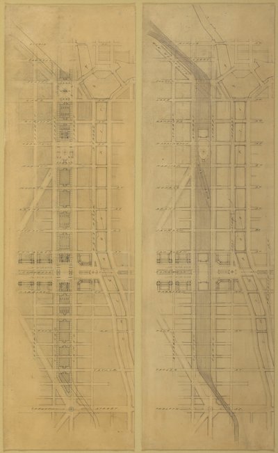 プレート 79 1909 年シカゴの計画からの 2 つの図面: 提案された場所と配置の... 作： Daniel Burnham