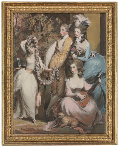 3人の長男、ダイアナ、メアリー、ハンフリーと立つクリシェルのメアリー・スターツ（1740-1807）の全身肖像画（鉛筆、パステル、ボディーカラー） 作： Daniel Gardner