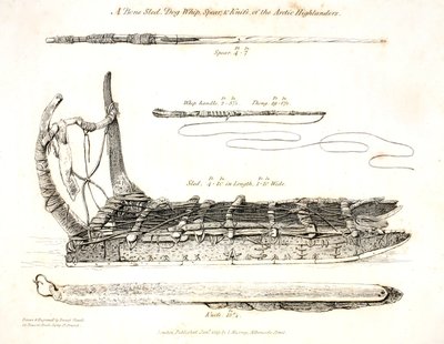 骨そり、犬の鞭、槍、北極高地人のナイフ、「発見の航海...」のイラスト、1819年 作： Daniel Havell