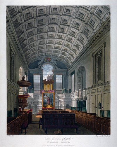 1816 年、ロンドン、ウェストミンスター、セント ジェームズ宮殿のチャペル ロイヤルの内部ビュー 作： Daniel Havell