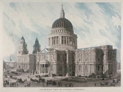 セント・ポール大聖堂の南東の眺め、人物と馬車が外にある、シティ・オブ・ロンドン、1818年 作： Daniel Havell