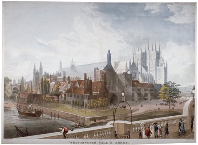 ウェストミンスター ホールと修道院の眺め、ウェストミンスター ブリッジ、ロンドン、1819 年。 作： Daniel Havell