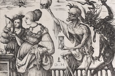 2 人の女性を驚かせる死と悪魔, ca. 1515年。 作： Daniel Hopfer