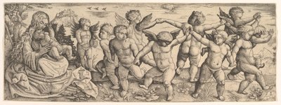 1530年代、風景の中で天使が踊る聖母子。 作： Daniel Hopfer